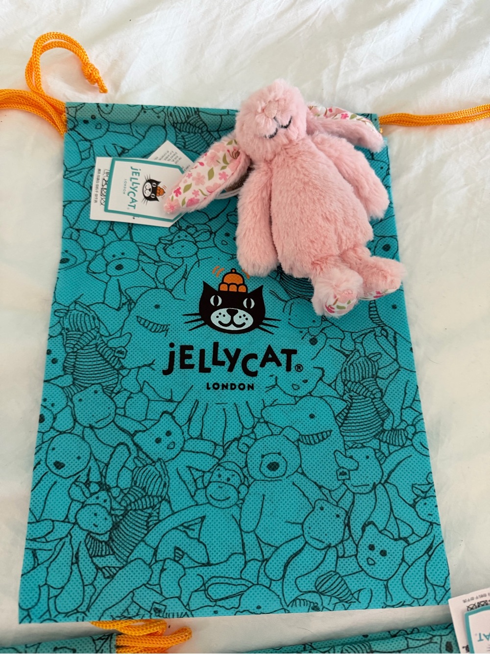 Jellycat Pink Plush Bunny with Floral-Print Ears and Teal Drawstring Bag